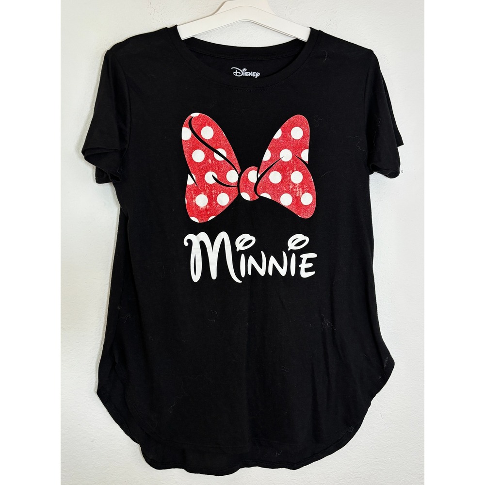 Disney Minnie Mouse Graphic T-Shirt Black Polka Dot Bow Curved Hem Large 11/13